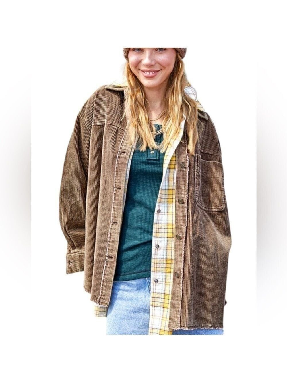 LA MIEL CORDUROY DAISY JACKET Oversized Dropped Long Sleeves Frayed Raw Hem Sz